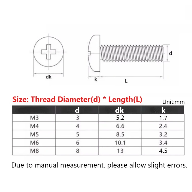 M3 M4 M5 M6 M8 304 Stainless Steel 500-hour salt spray passivation Cross Phillips Pan Head Screw Round Bolt YB818 5mm-50mm