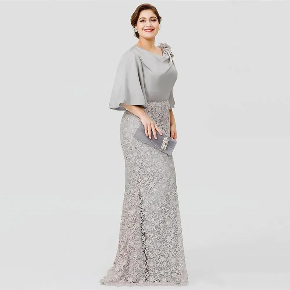 

Elegant A Line Mother Of The Bride Dress Jewel Neck 3/4 Long Sleeve Lace Appliqued Floor-length Evening Dress