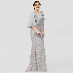 Elegant A Line Mother Of The Bride Dress Jewel Neck 3/4 Long Sleeve Lace Appliqued Floor-length Evening Dress