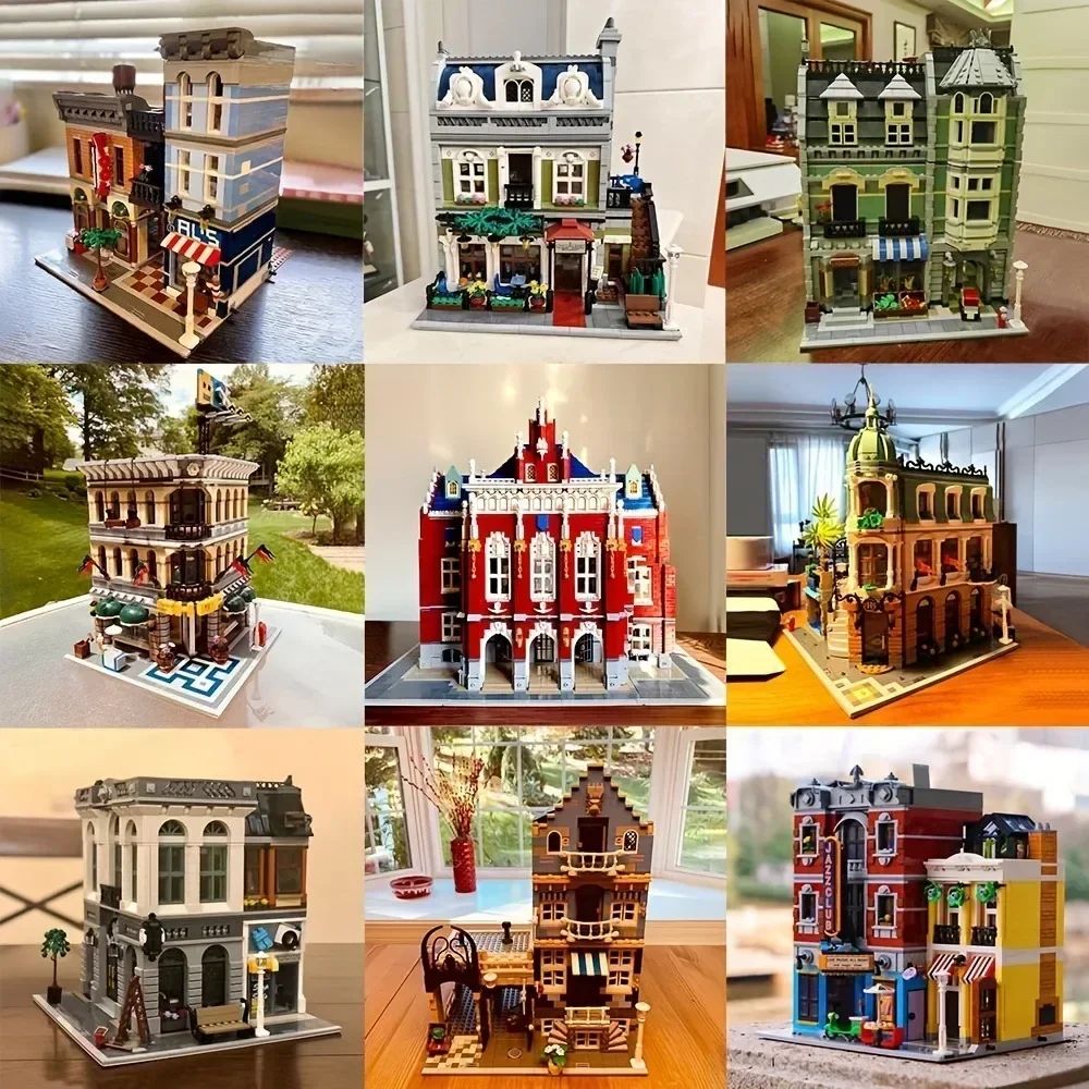 Creatoring Expert Brick Bank Cafe Corner Model MOC Street View House Building Blocks Toys Pet Book Shop Town Hall Downtown Diner