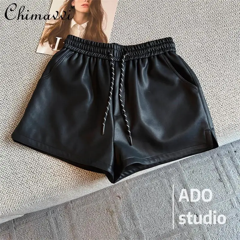 Autumn and Winter New Fashion Leather Shorts Women's Pu Elastic High-waisted Shorts Sexy Girls A-shaped Wide-leg Loose Pants