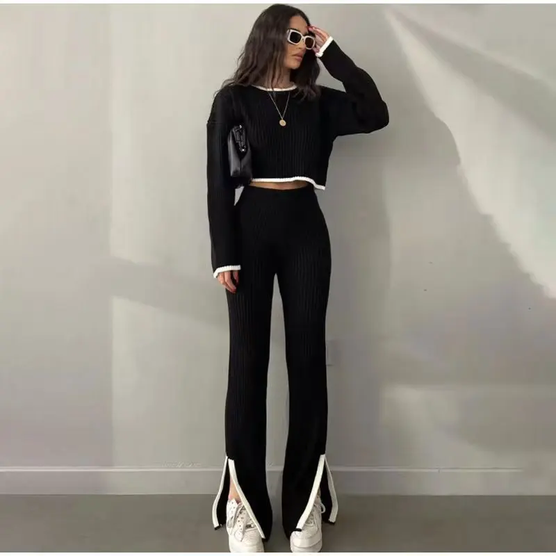Spot Autumn And Winter Europe, America, New Models, Russian Long-sleeved Sweater Set Knitted Top Trousers Set Women