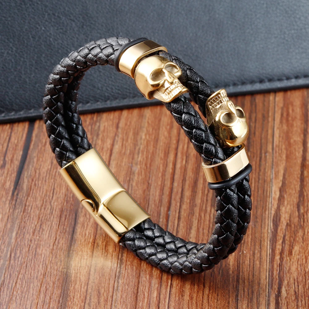 Stainless Steel Jewelry 2024 Men Genuine Leather Bracelet Golden Skull Hippie Gifts For Boyfriend Venezuela