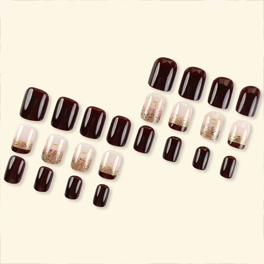 24pcs/box Short Square False Nails Gold Foil Brown French Fake Nails Full Cover Nail Tips Press on Nails DIY Nail Art