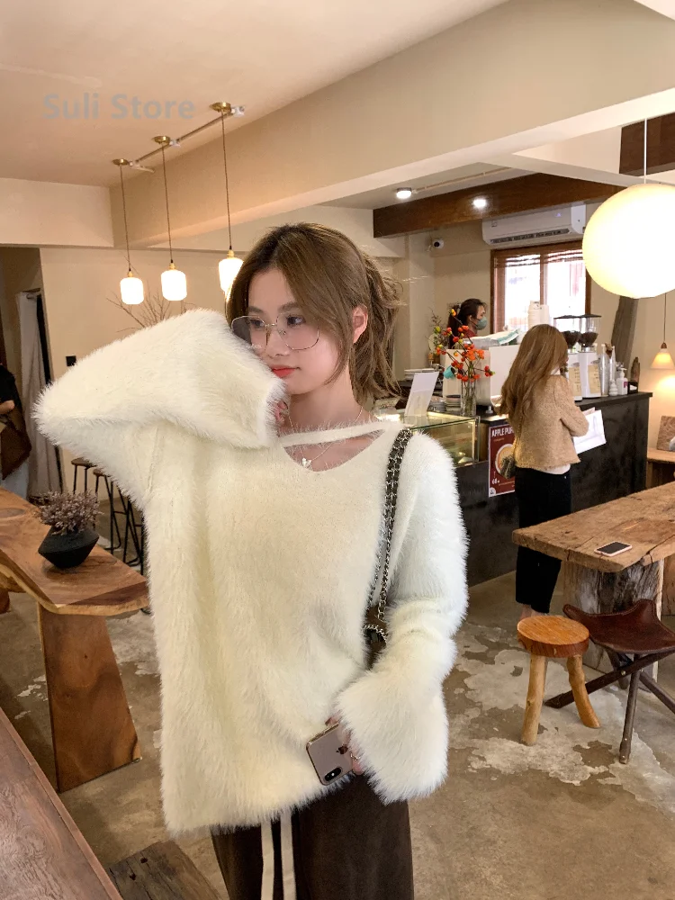 Artificial Mink Hair Women White Soft V-Neck Hollow Out Knit Sweater V-Neck Long Sleeve Pullovers Spring Autumn 2024 Sweaters