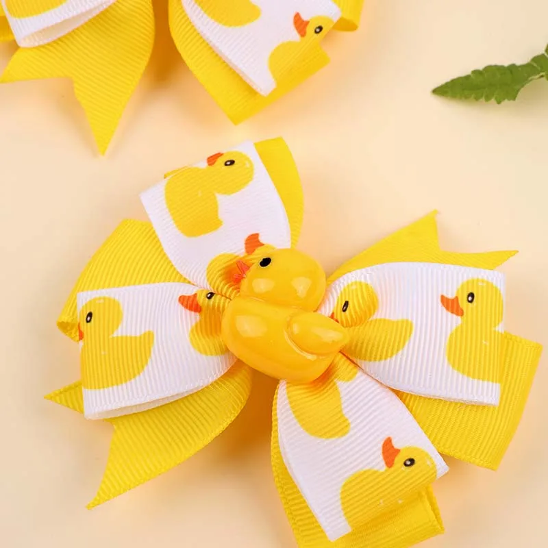 ncmama 2Pcs Little Yellow Duck Bow Hairpin Cute Duck Print Ribbon Bows Hair Clips for Girls Barrettes Headwear Hair Accessories