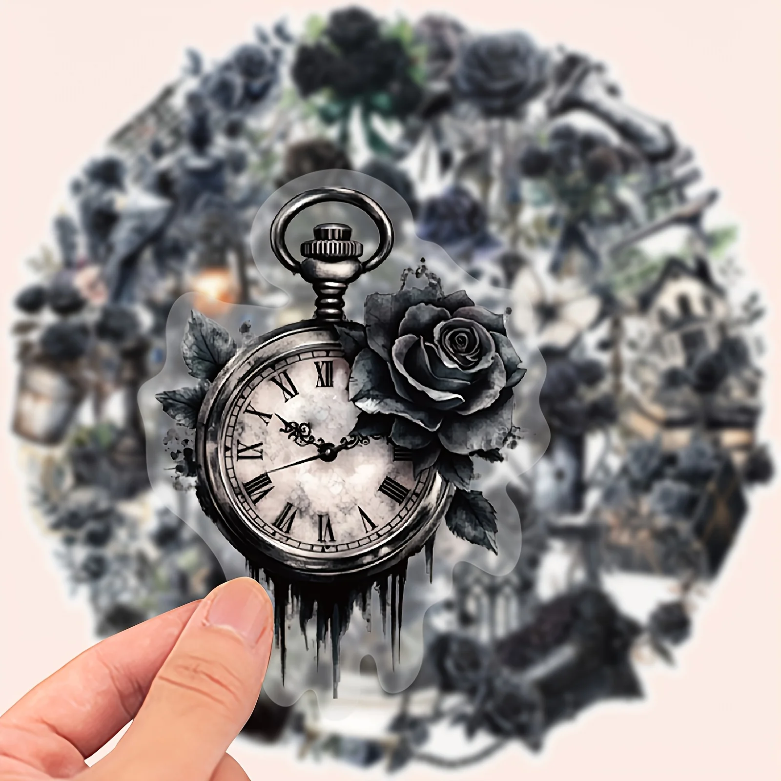 50Pcs Black Rose Graffiti Stickers Transparent Decor Decals Suitcase Laptop Notebook DIY Crafts Holiday Gift Sticker Box Package