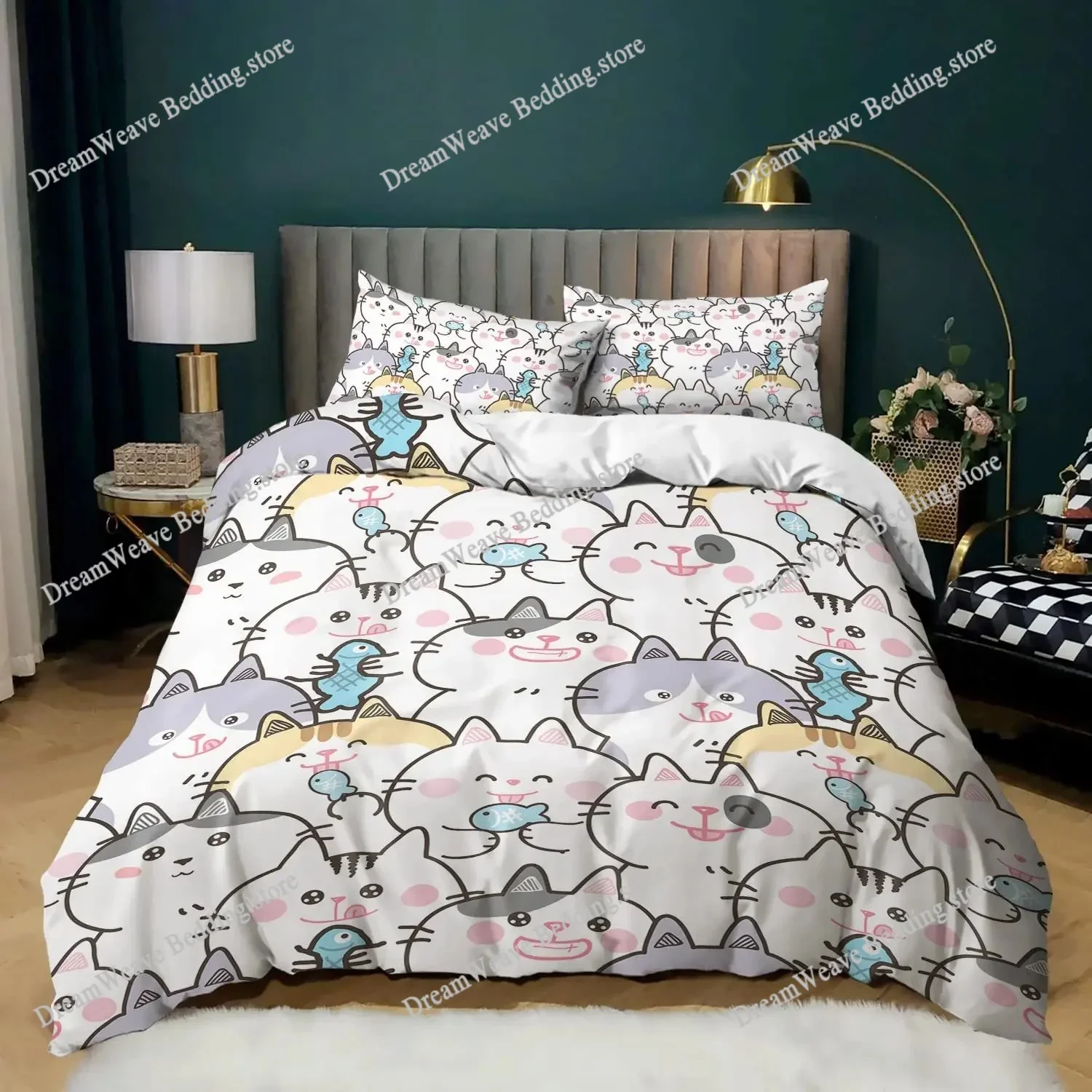 Cartoon Cat Duvet Cover Set Full Size, Cute Cat Bedding Sets for Kids Girls, Blue Watercolor Cat Comforter Covers Set All Season 4