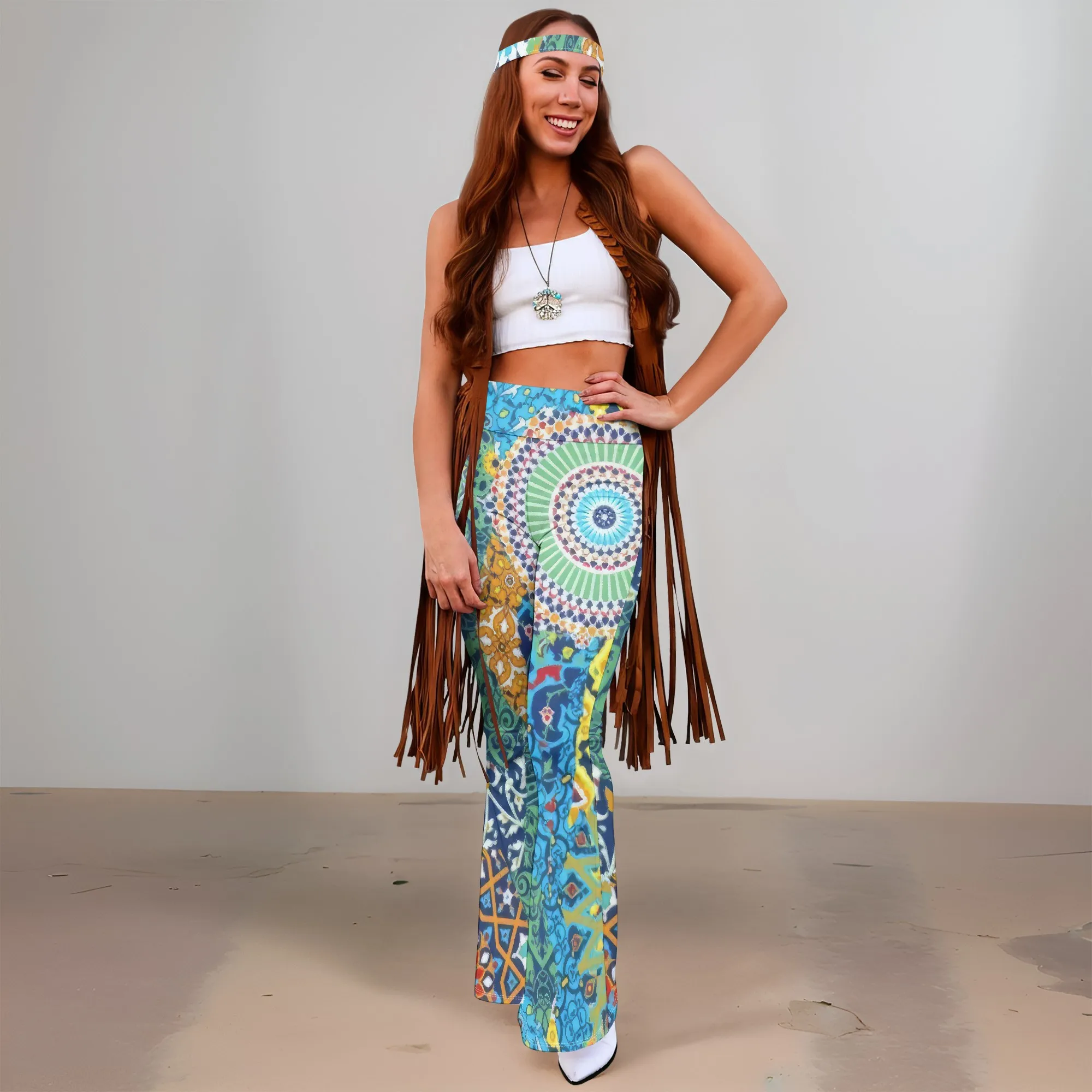 

Women's Spring and Autumn Fashion Wide Leg Pants (Headband), 3D Printed Retro Wide Leg Pants, Casual Fashion Versatile