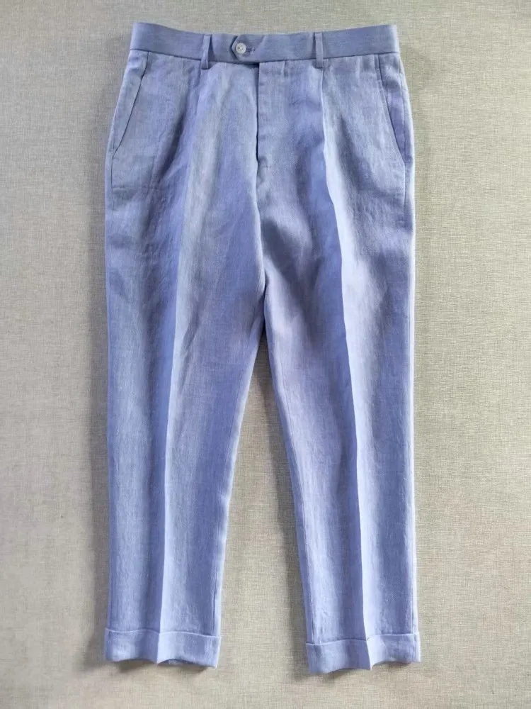 Summer Mens Light Blue Business Casual Vintage Linen Suit Pants Office Work Comfortable Ankle Length Slim Fit Straight Trousers