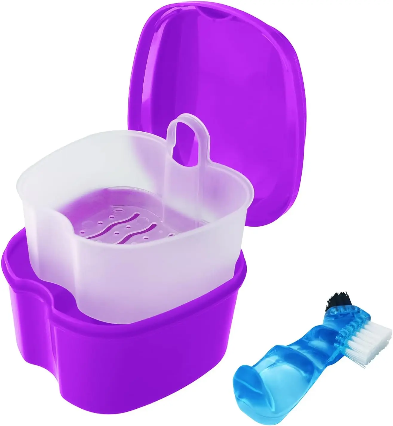 Denture Bath Case with Brush, Denture Cup Soaking Holder False Teeth Container Mouth Guard Storage Case Cleaning with L