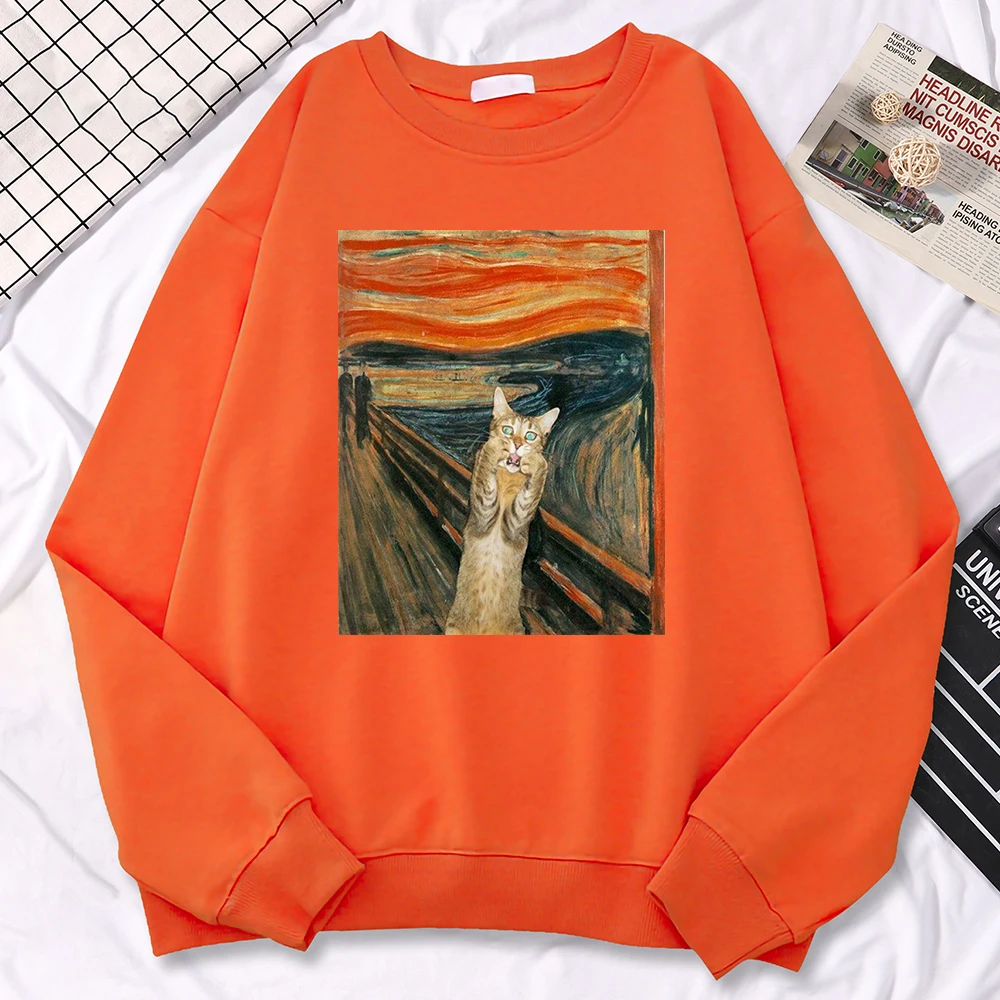 Casual Street Woman Pullover Oil Painting Cat\'S Dusk Print Hoody Comfortable Fleece Sweatshirt Loose Warm Female Sportswears