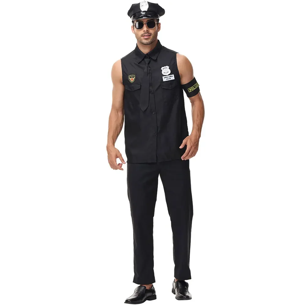 Disfraces de policía de Halloween para adultos, disfraz de oficial de policía de EE. UU., camisa superior, ropa de Cosplay de lujo para hombres