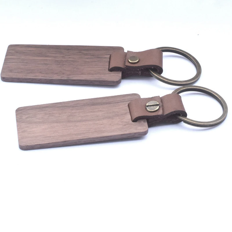 100Pcs Unfinished Rectangle Wooden Key Blanks, Wood Keychains with Leather Strap for DIY Hand Painting