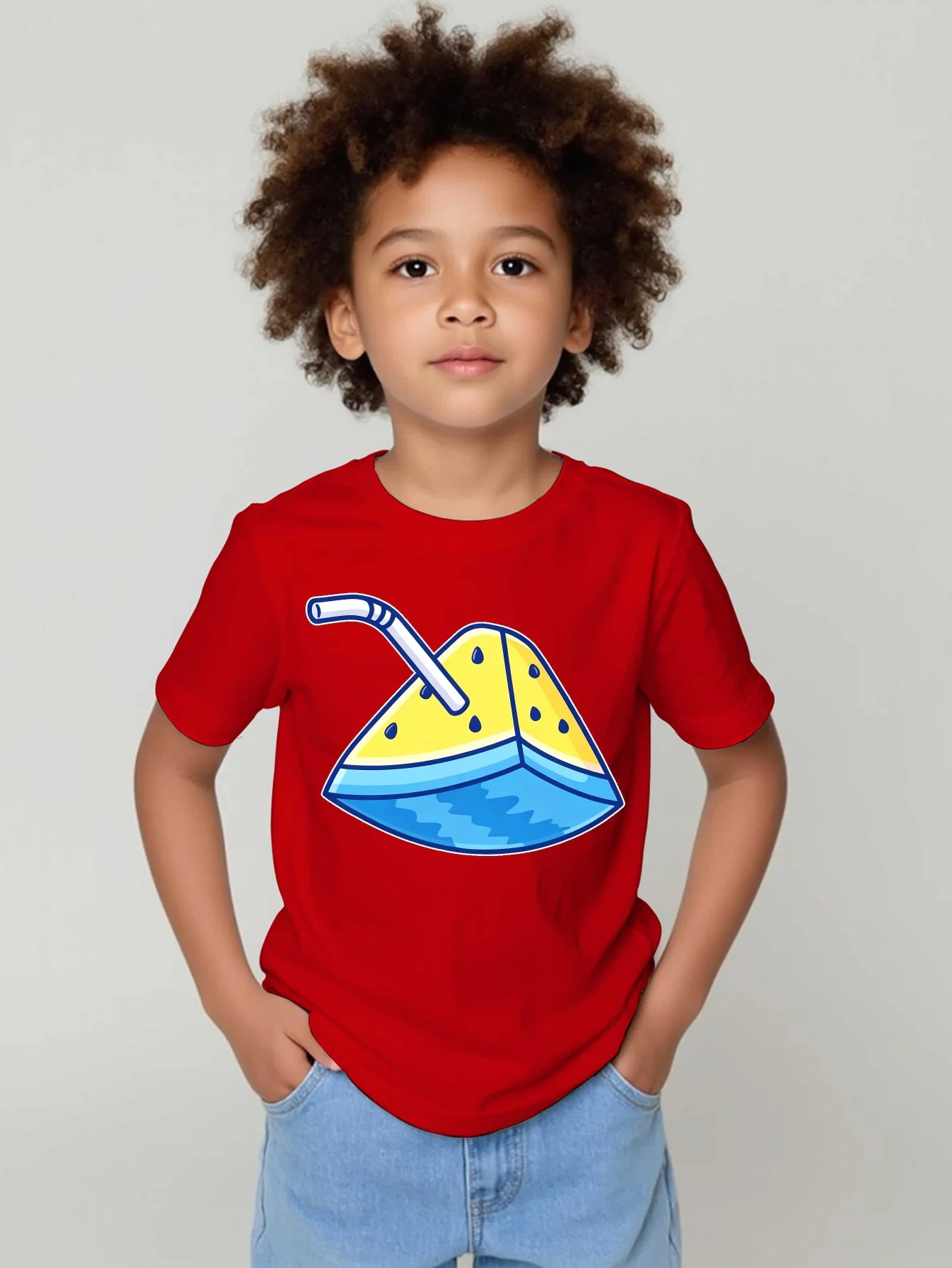 Cartoon Yellow Watermelon Slice Summer Fruit Drink Graphic Print T Shirt Family Matching Boys Girls Kids Short Sleeve Daily Tees