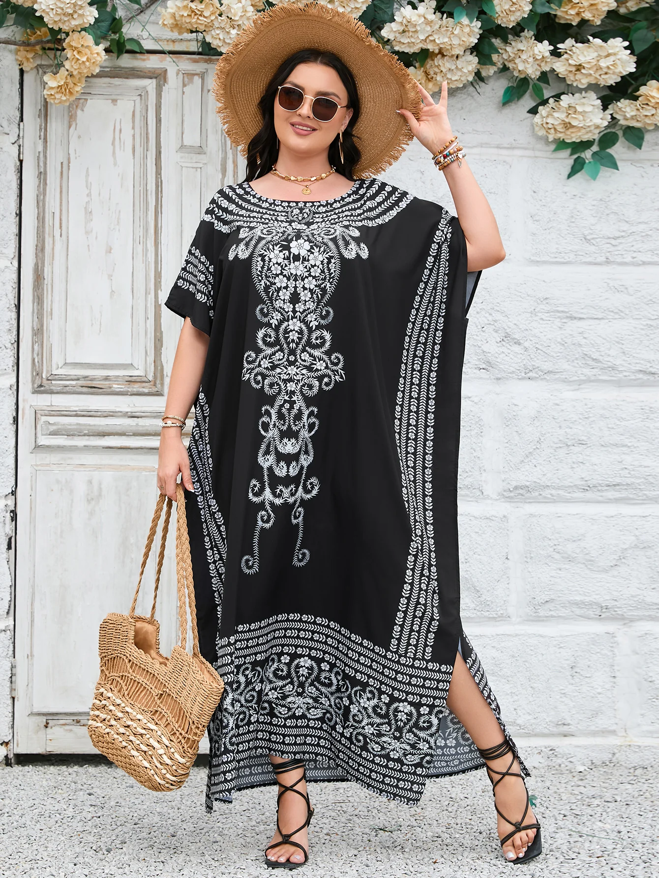 Plus Size Boho Cover Up, damskie Plus krawat Dye i wzór serca rękaw w kształcie skrzydła nietoperza dekolt Maxi okrycie plażowe do góry