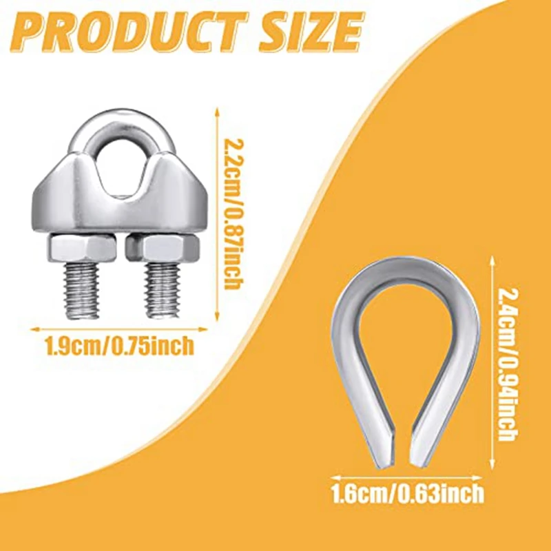 60-teiliges 1/8-Zoll-Drahtseil-Set, M3-Metalldrahtseil-Kabelklemme und M3-Edelstahl-Fingerhüte, einfach zu installieren, breite Anwendungen