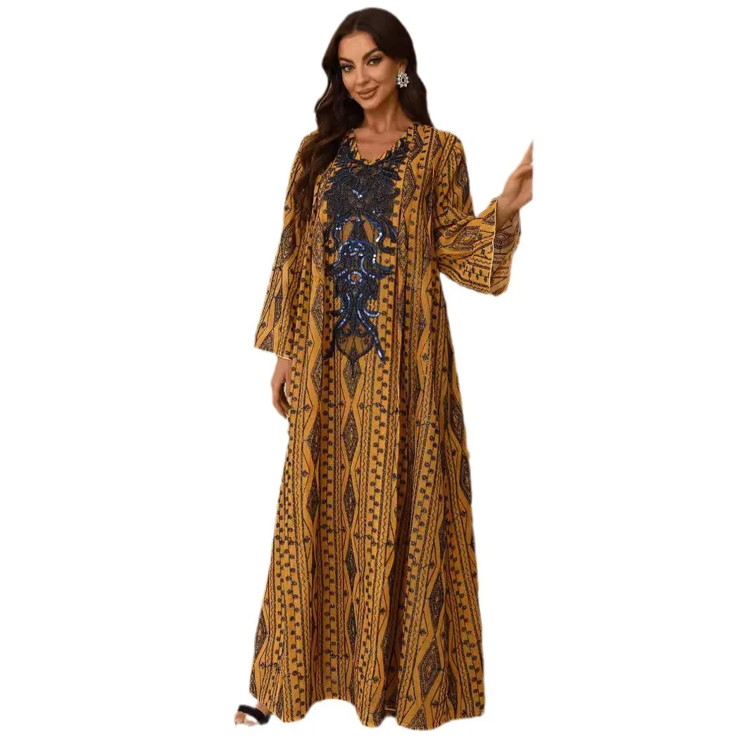 

Middle East Europe and America Cross-border Foreign Trade Evening Dress Muslim Dress Bead Mesh Embroidered Women's Robe