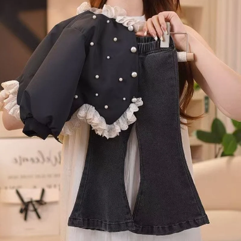 

Новинка 2023 года, повседневное детское кружевное пальто в западном стиле, джинсы с рогами, комплект из двух предметов, весенне-осенний комплект для девочек 90-140 см