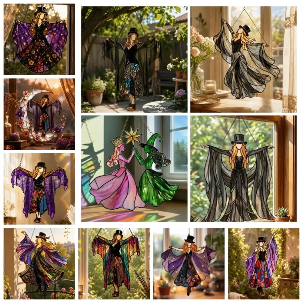 Colorful Dancing Lady Window Pendant Acrylic Halloween Wind Spinner Gothic Witch Style Home Decor Hanging Ornaments Home
