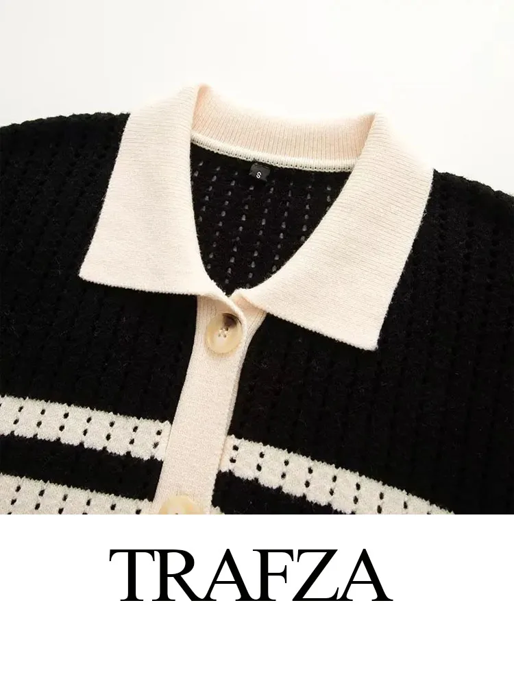 

TRAFZA Autumn Women Hollow Stripe Lapel Short Sleeve Slim Shirt Top+Fashion High Waist Draw Rope Casual High Street Pants Suit