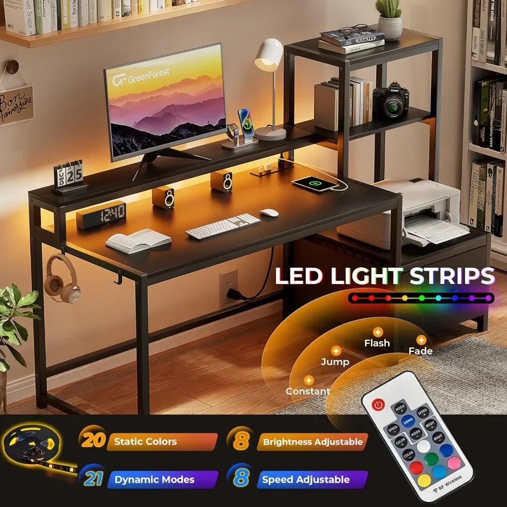 Computer Desk, with Drawer and Printer Shelf, 59 Inch Gaming Desk, with LED Lights and Power Outlets, with Monitor Stand