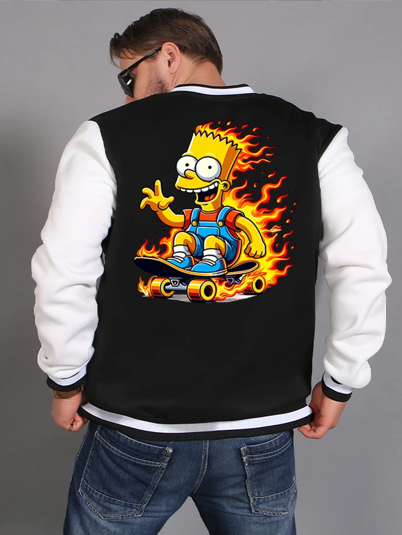 

The Simpsons Men's Baseball Jacket with Printed Pattern, Flame Skateboard, Bart Cartoon Character, Men's Baseball Jacket Jacket