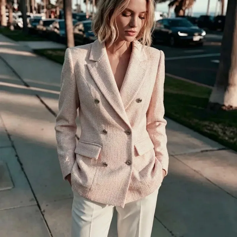 Women Light Pink Tweed Blazer Lapel Collar Double Breasted Long Sleeve Pocketed Elegant Work Suit Jacket