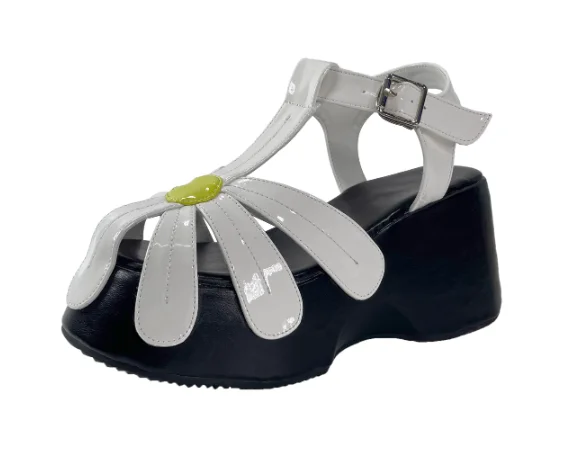 

Romen Syle Hollow Flowers Round Toe Platform Summer Women Sandals Wedges High Heels Buckle Strap Design Closed Toe Shoes