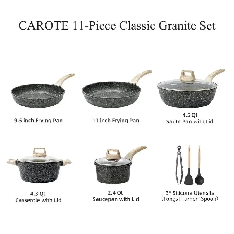 CAROTE Nonstick Frying Pots and Pans Set 11 Pcs Nonstick Cookware Sets (Granite, induction cookware) Saucepan, big pots