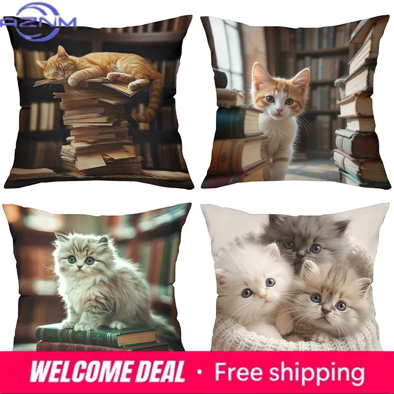 Cute Kitten Print Pillows With Books Pattern Polyester Pillowcase, Sofa Decorative Cushion Cov Headboard Pillow