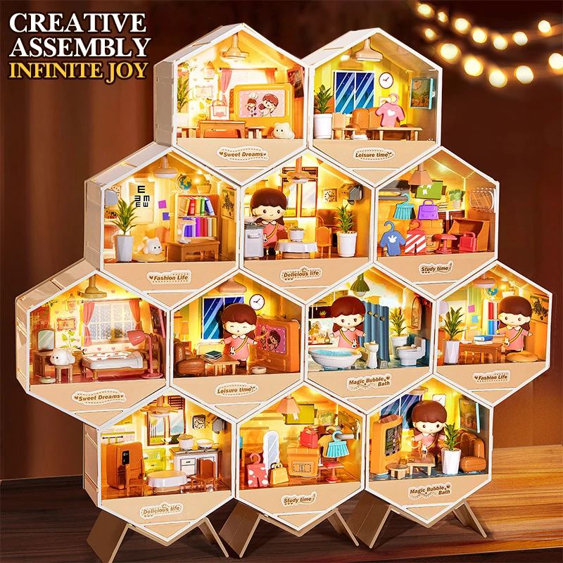 Simulatie Kamers Meubilair DIY Cottage Art House Speelgoed Set met LED-lichtstrips Fantasiespel Miniatuurscène Handgemaakte decoratie