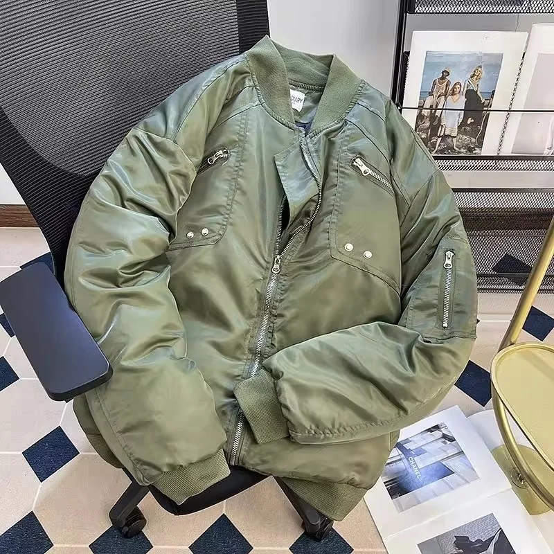 

Thiened Retro Workwear Cotton Jaet for Men Autumn Winter Large Size Baseball Collar Multi-Zipper Warm Coat Stand Fit