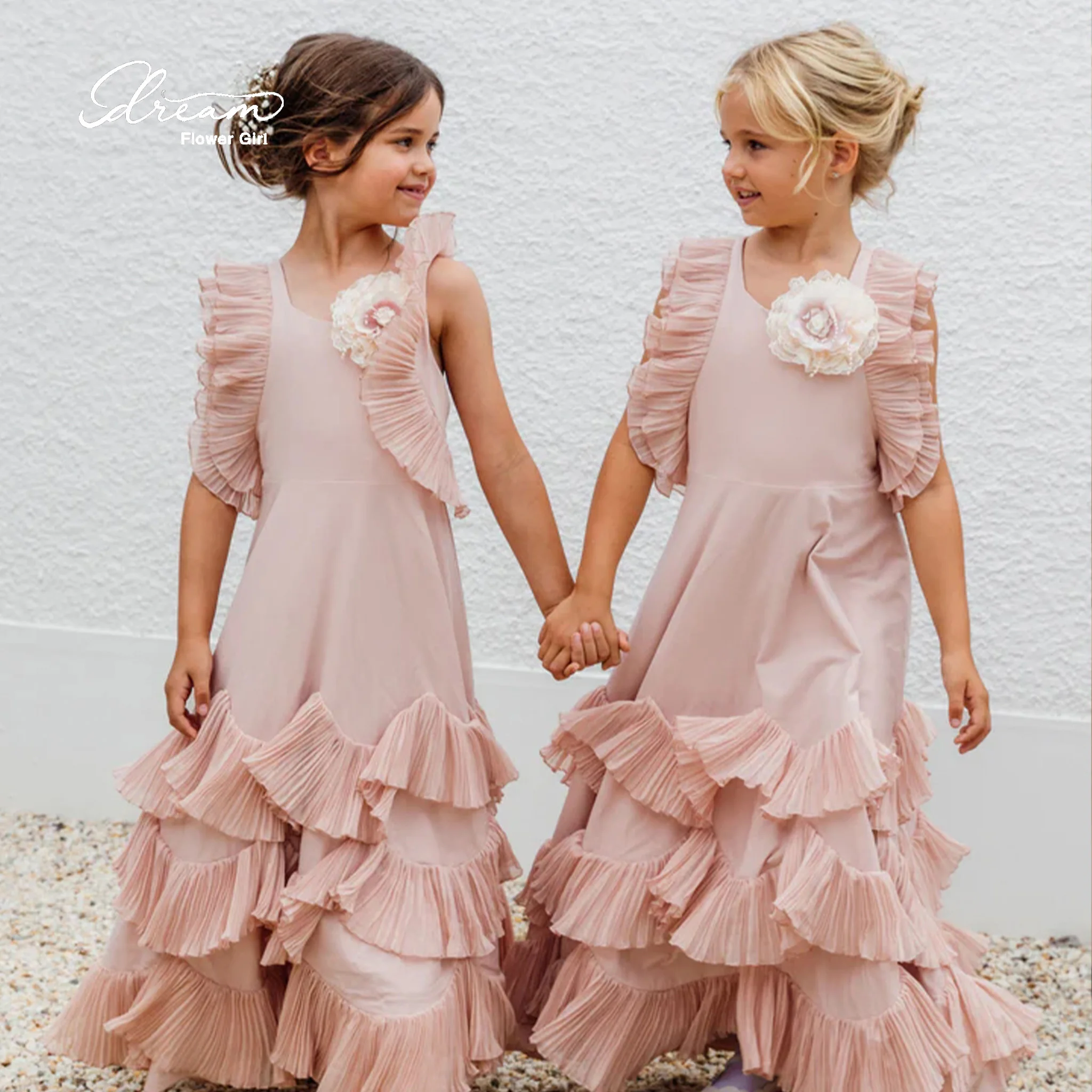 Pink round-neck short-sleeved maxi dress for girls formal occasion prom gown featuring a ruffled hem