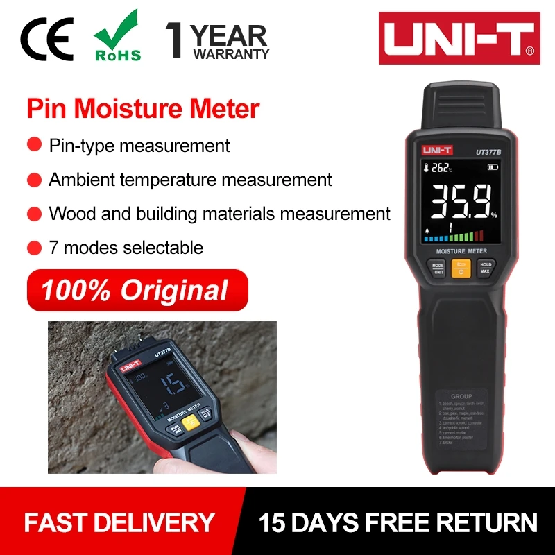 

UNI-T Digital Wood Moisture Meter UT377B Moisture Content Detector Wood Humidity Tester Hygrometer Building Diagnosis Data Hold