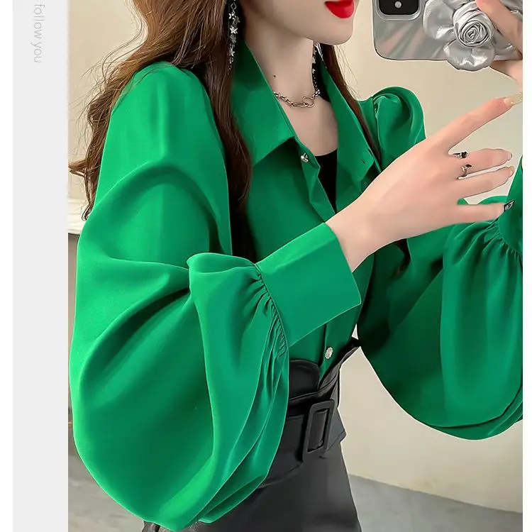 เสื้อลายดอกไม้สีทึบ Elegant Lantern Sleeve ผู้หญิง Top Plus ขนาดเสื้อแขนยาว