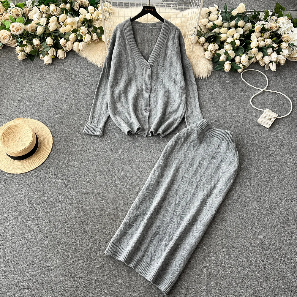 Croysier Autumn Winter Clothes Women Casual Cable Knit 2 Piece Sets Outfits V Neck Cardigan And Back Slit Midi Skirt Co Ord Set