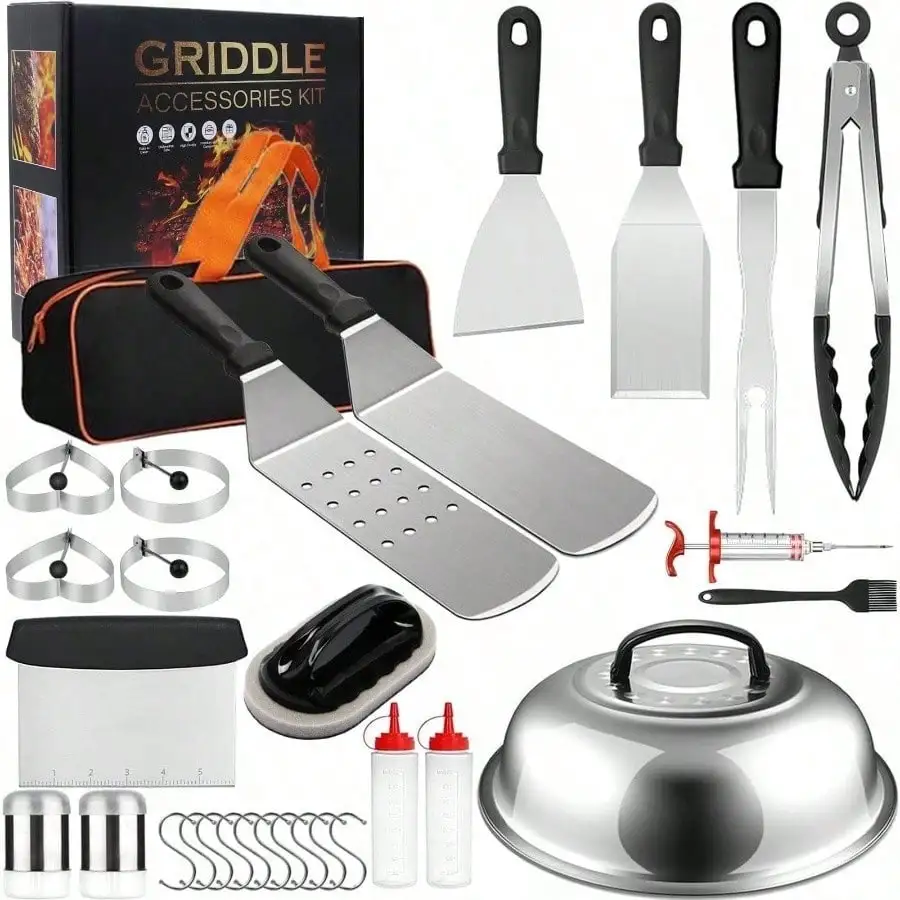 

Griddle Accessories Kit for Outdoor BBQ Teppanyaki, Stainless Steel Tools with Enlarged Spatula and Basting Cover