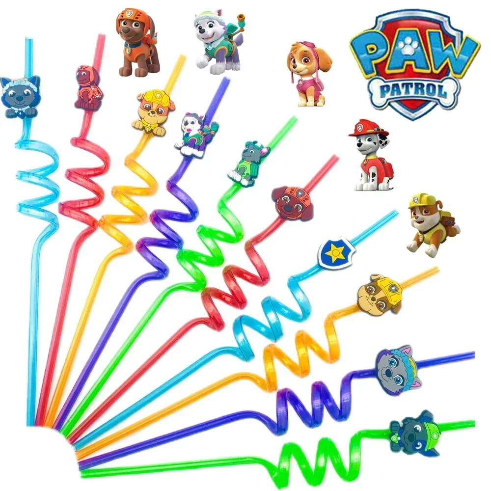 6PCS Paw Patrol Straw Reusable Kids Milkshake Ice Drinks Pipette Anime Figure Patrol Canine Theme Party Supplies Plastic Straws