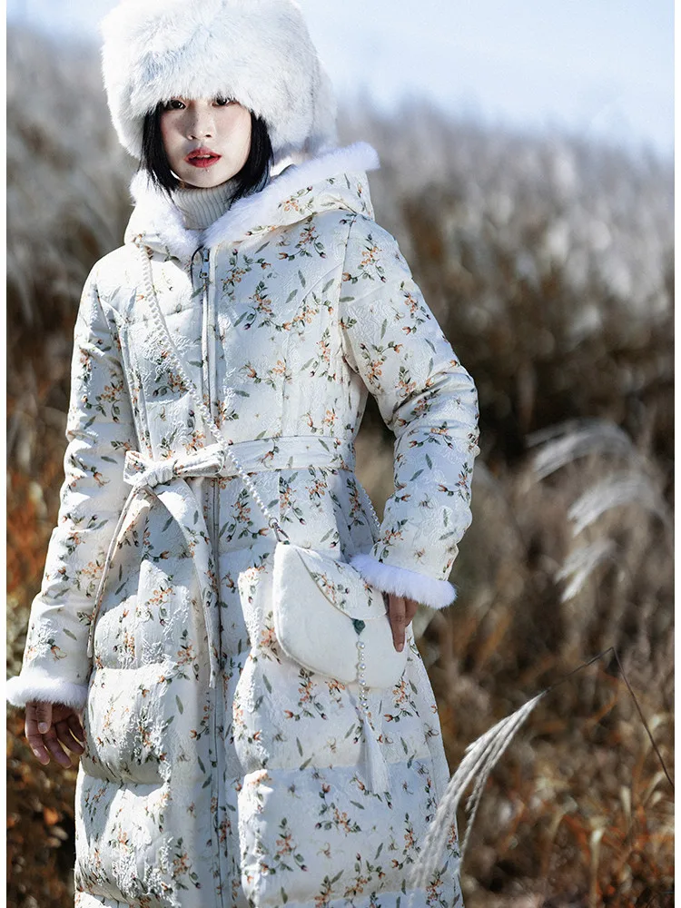 Imagem -04 - Aigyptos para Baixo Jaquetas Feminino Coreano Elegante Floral Impressão com Capuz Jacquard Branco Puffer Cabolsa Grosso Quente Chaquetas para Mujer