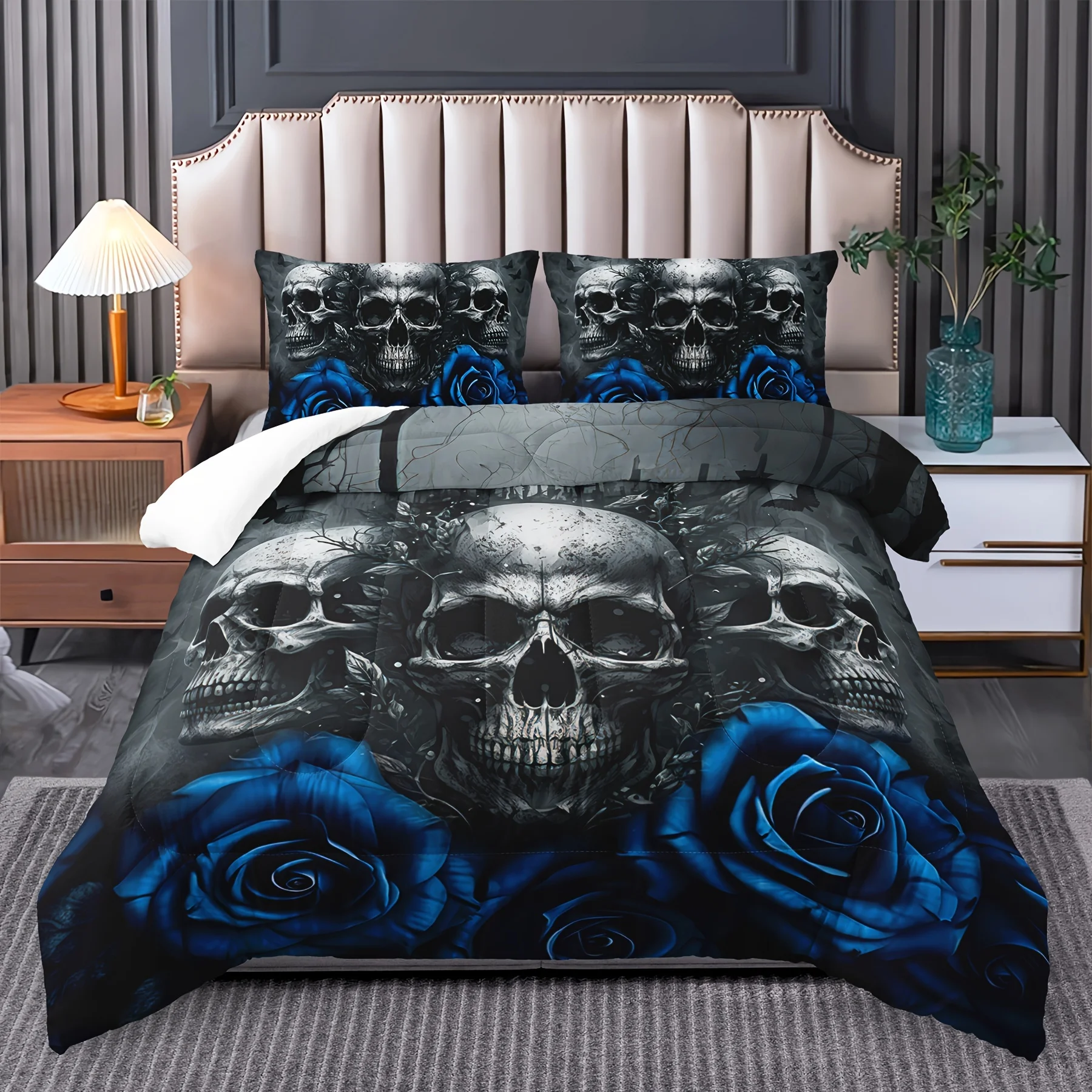 3pc Skull Bedding Set Goth Bedding Sets Queen size King size With  Rose Halloween Skull Bed Blue Black Duvet Cover