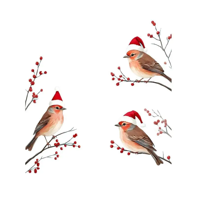 1PC Three Birds in Santa Hats Window Stickers Red Berry Branch Design for Glass and Window Decoration