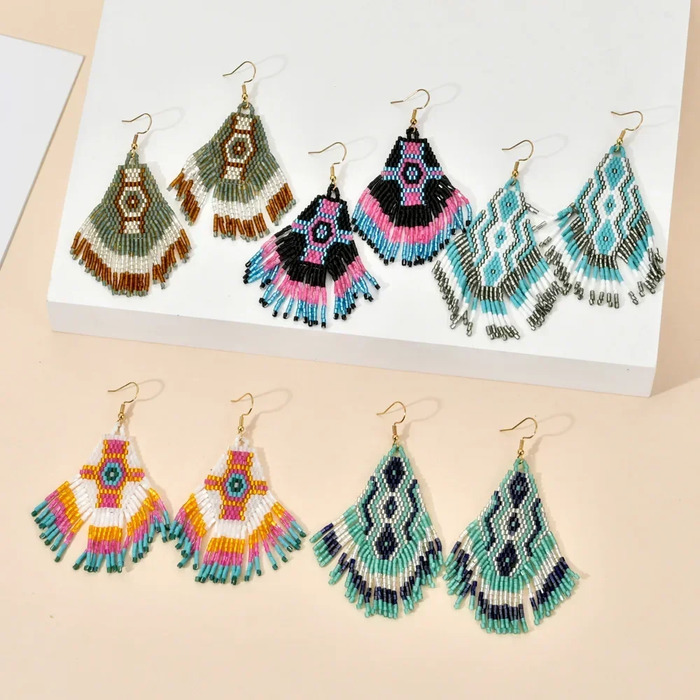 

2025 Handmade Bead Earring Rhomboid Originality Bohemia Tassel Hand Knitting Design Beaded Earrings for Women