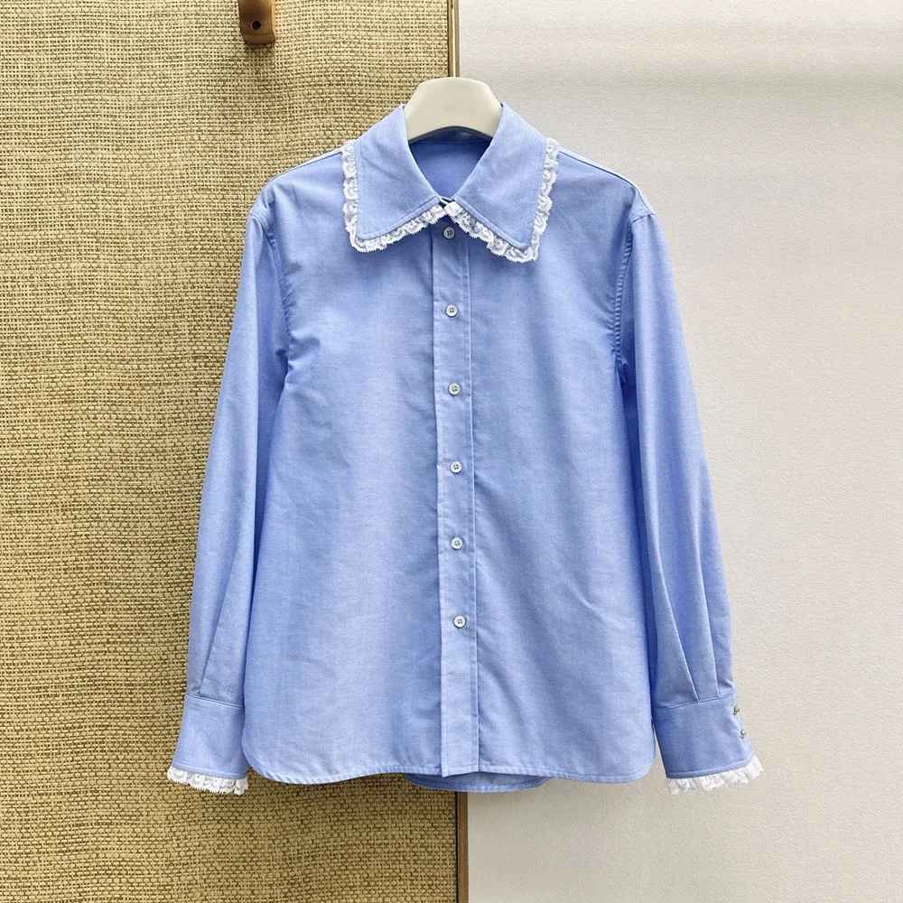 

High-quality 2026 women's early spring new product - sweet lace trimmed and stitched V-neck long-sleeved shirt xy150426