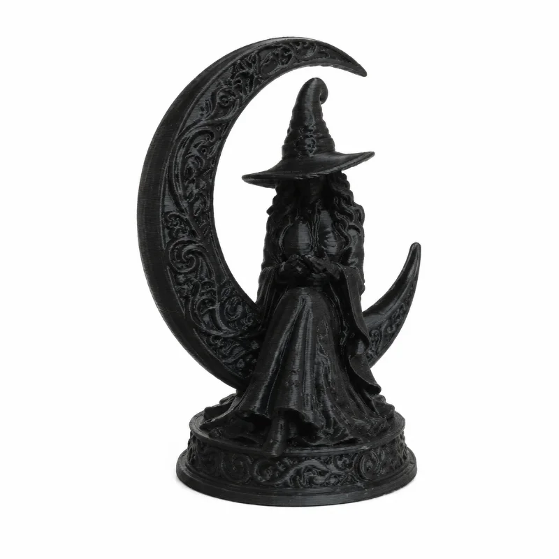 Black Resin Witch Figurine on Crescent Moon, Gothic Witch Statue with Crystal Ball, Desktop Decor Ornament for Home Tabletop