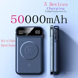 50000mAh Magnetic Wireless Power Bank Built in 2 Cables Fast Charging Portable Battery Charger For iPhone Huawei Samsung xiaomi