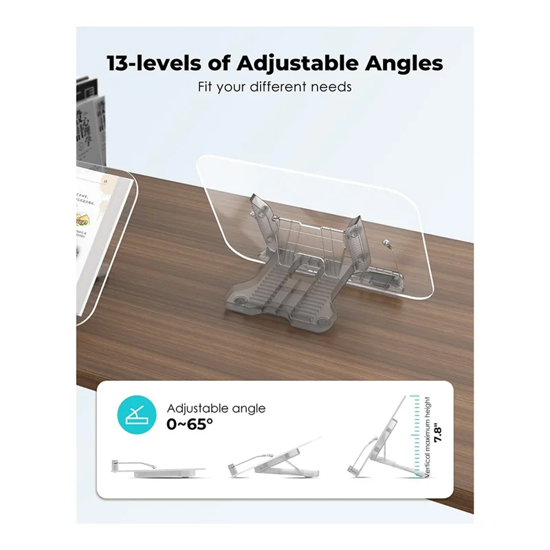 A41Z-Acrylic Book Stand For Reading,Cookbook Holder, Levels Angle Adjustable, Foldable & Portable For Office, Kitchen, School