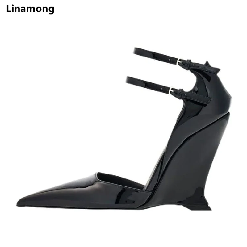 

New Pointed Toe Toe Toe Toe Shallow Patent Leather High-Heeled Sandals with Hollow Thin Straps, Single Shoe, Plus Size Sandals