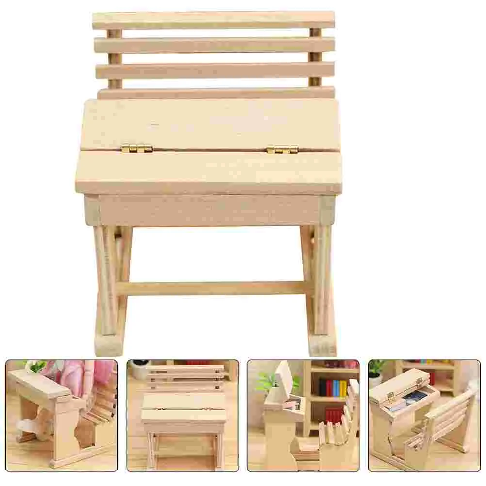 Dollhouse Desk School Table Miniature Kids Toys Figurine Wooden Model Chair Classroom Furniture