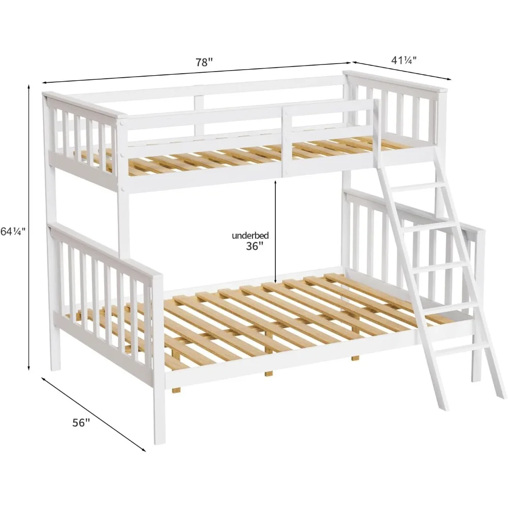 Full Bunk Bed for Kids Children Teens Adults, Solid Wood Bunk Bed Frame with Ladder and Guard Rail Space Saving, Children Beds